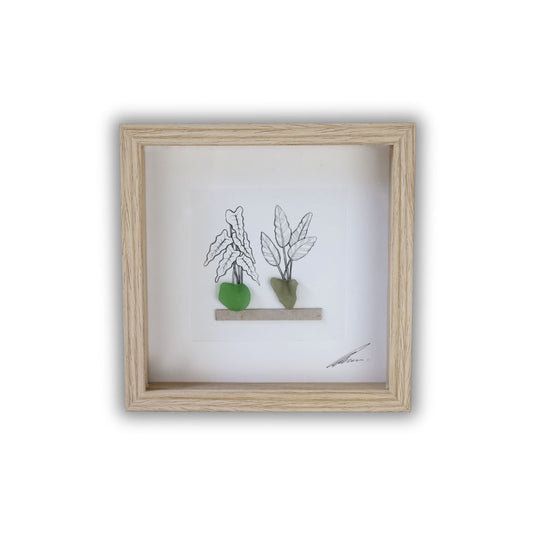 Plants, Sea Glass Pots & Shelf "There’s No Such Thing As Too Many Plants" (17x17cm Tan Shadow Box Frame, Square) Green