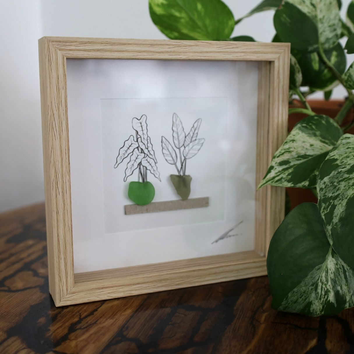 Plants, Sea Glass Pots & Shelf "There’s No Such Thing As Too Many Plants" (17x17cm Tan Shadow Box Frame, Square) Green