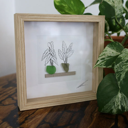 Plants, Sea Glass Pots & Shelf "There’s No Such Thing As Too Many Plants" (17x17cm Tan Shadow Box Frame, Square) Green