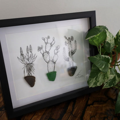 Succulents & Sea Glass Pots "Succ It Up Buttercup" (A4 Black Shadow Box Frame, Horizontal)