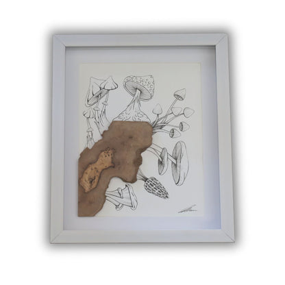 Mushroom & Wild Olive Burst "Fantastic Fungi" (A4 White Shadow Box Frame)