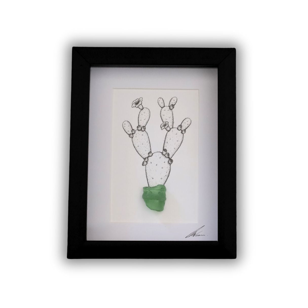 Blooming Prickly Pear & Sea Glass "Dont Be A Prick" (A5 Black Shadow Box Frame, Vertical)