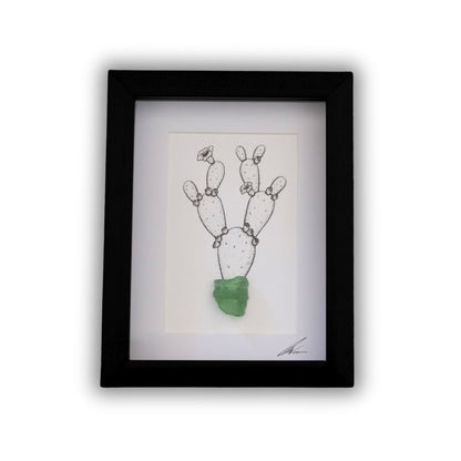 Blooming Prickly Pear & Sea Glass "Dont Be A Prick" (A5 Black Shadow Box Frame, Vertical)