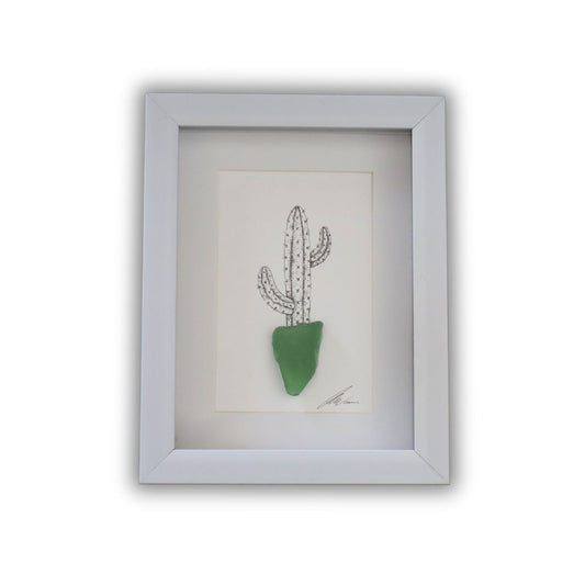 Cactus Sea Glass Pot "Can’t Touch This" (A5 White Shadow Box Frame, Vertical)