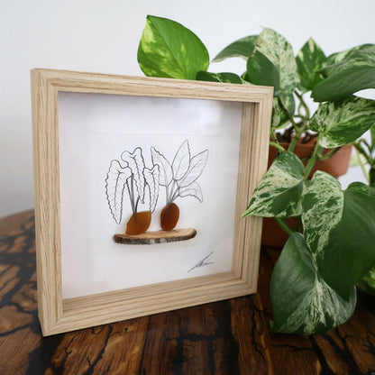 Plants, Sea Glass Pots & Bark Shelf "There’s No Such Thing As Too Many Plants" (17x17cm Tan Shadow Box Frame, Square)