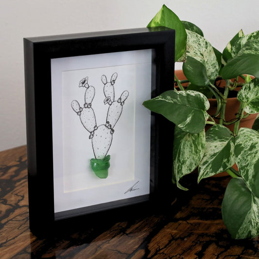 Blooming Prickly Pear & Sea Glass "Dont Be A Prick" (A5 Black Shadow Box Frame, Vertical)