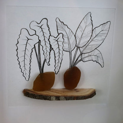 Plants, Sea Glass Pots & Bark Shelf "There’s No Such Thing As Too Many Plants" (17x17cm Tan Shadow Box Frame, Square)