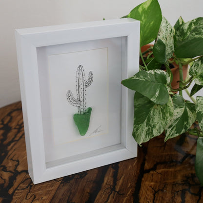 Cactus Sea Glass Pot "Can’t Touch This" (A5 White Shadow Box Frame, Vertical)