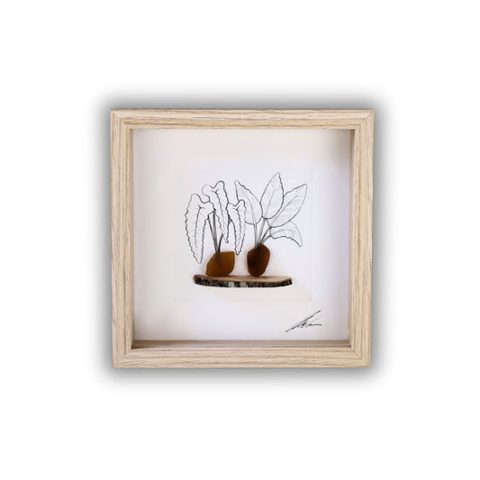 Plants, Sea Glass Pots & Bark Shelf "There’s No Such Thing As Too Many Plants" (17x17cm Tan Shadow Box Frame, Square)