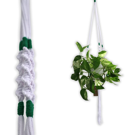 Macramé Plant Hanger "Hang In There" (Hand Knotted) White & Dark Green