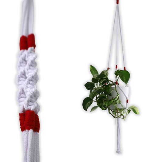 Macramé Plant Hanger "Hang In There" (Hand Knotted) White & Red