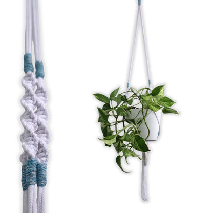Macramé Plant Hanger "Hang In There" (Hand Knotted) White & Blue