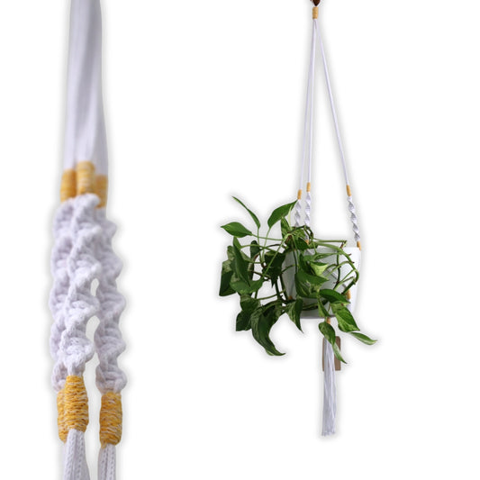 Macramé Plant Hanger "Hang In There" (Hand Knotted) White & Yellow